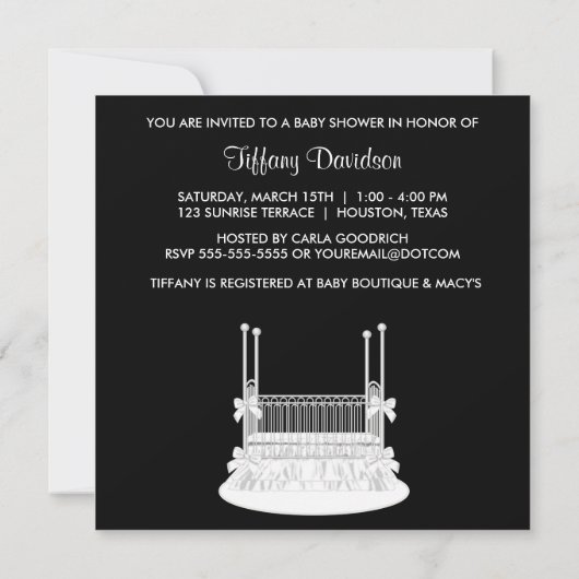 Elegante Crib Schwarz-weiß Baby Dusche Einladung (Rückseite)