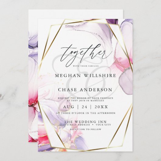 Elegante Crimson Pink und Lilac Fluid Watercolor Einladung (Vorne/Hinten)