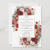 Elegante Crimson Red Florals Gold Frame Wedding Einladung (Vorderseite)