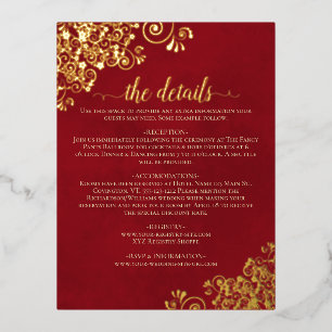 Elegante Crimson Red Gold Foil Wedding Details Car Folie Einladungspostkarte