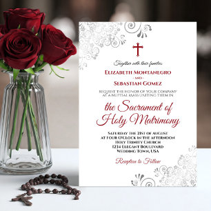 Elegante Crimson Red & Gray Moderne katholische Ho Einladung