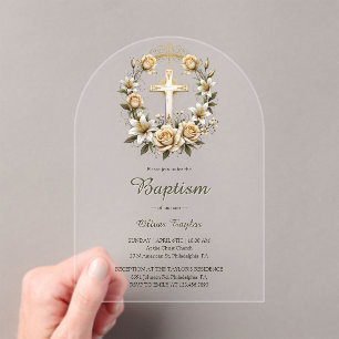 Elegante Cross Floral Wreath Klassische Taufe Acryleinladungen