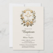 Elegante Cross Floral Wreath Klassische Taufe Einladung (Vorderseite)