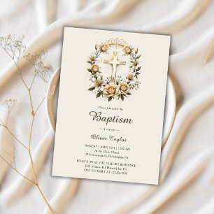 Elegante Cross Floral Wreath Klassische Taufe Einladung