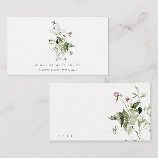 Elegante Cross Lila Wildblume Blumentaufen Platzkarte (Vorne/Hinten)
