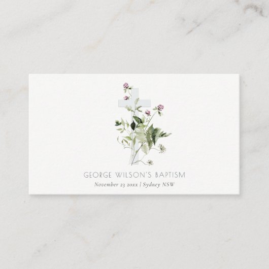 Elegante Cross Lila Wildblume Blumentaufen Platzkarte (Vorderseite)