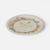 Elegante Cross Peach Cream Floral Baby Girl Taufe Pappteller (Schrägansicht)