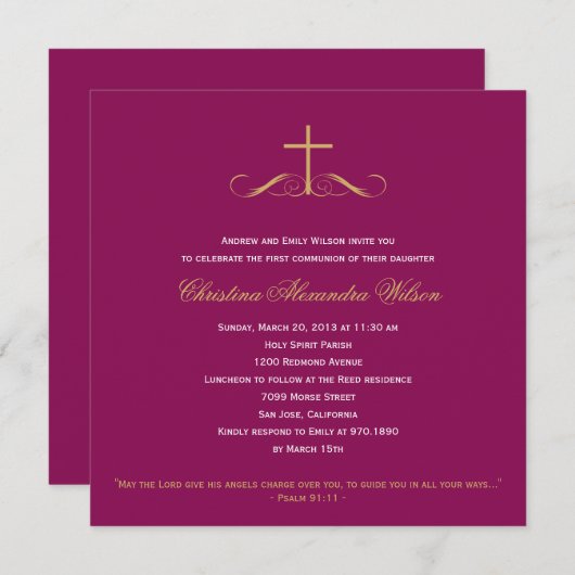 Elegante Cross-Taufe/Christening/Erste Kommune Einladung (Vorne/Hinten)