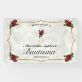 Elegante Cruz Dorada Rosas Rojas Niñas Bautismo Banner (Horizontal)