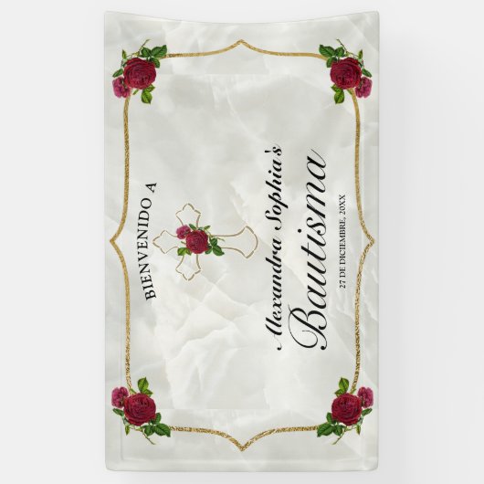 Elegante Cruz Dorada Rosas Rojas Niñas Bautismo Banner (Vertikal)