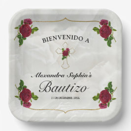 Elegante Cruz Dorada Rosas Rojas Niñas Bautizo Pappteller