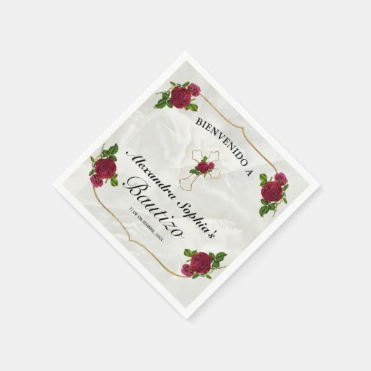 Elegante Cruz Dorada Rosas Rojas Niñas Bautizo Serviette (Ecke)
