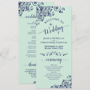 Elegante Curls & Wirbel Mint Green & Navy Hochzeit Programm