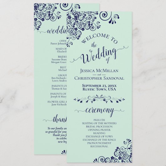 Elegante Curls & Wirbel Mint Green & Navy Hochzeit Programm (Vorne/Hinten)