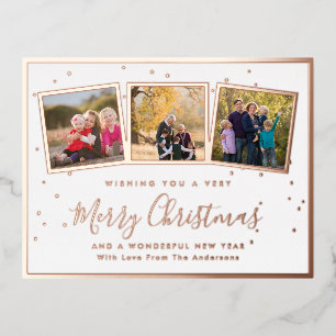 Elegante Custom 3 Foto Collage Frohe Weihnachten Folien Feiertagspostkarte