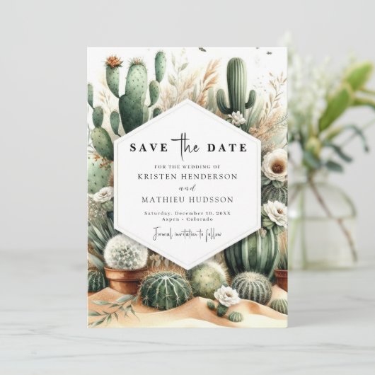 Elegante Custom Cactus Wedding Save The Date (Stehend Vorderseite)