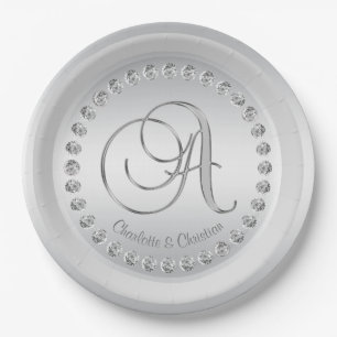 Elegante Custom Diamond Silver Monogram Wedding Pappteller