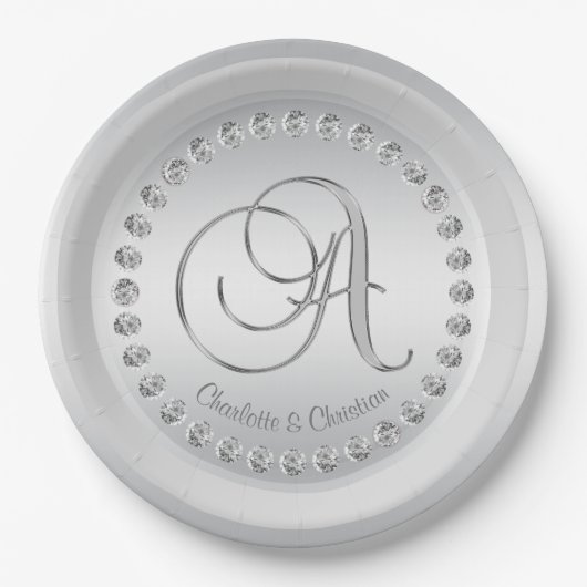 Elegante Custom Diamond Silver Monogram Wedding Pappteller (Vorderseite)
