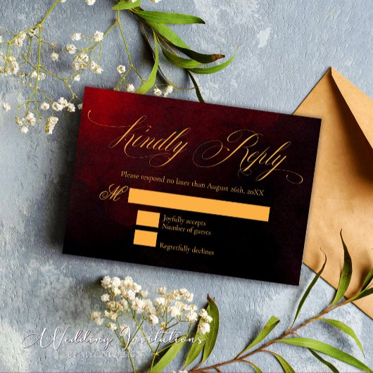 Elegante Custom Gold Red and Black Wedding RSVP Karte