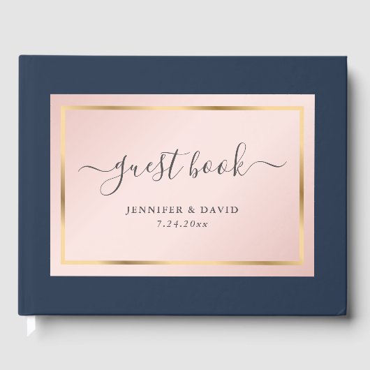 Elegante Custom Navy Blue Blush and Gold Wedding Gästebuch (Vorderseite)