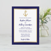 Elegante Custom Navy Blue Gold Nautical Wedding Einladung (Stehend Vorderseite)