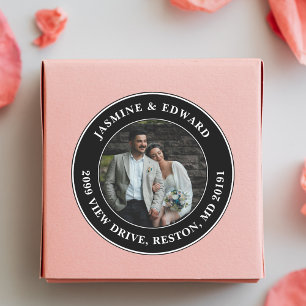 Elegante Custom Wedding Foto Rücksendeadresse Runder Aufkleber