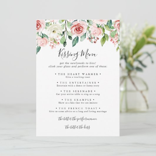 Elegante Dainty Wedding Kissing Menu Game Card (Stehend Vorderseite)