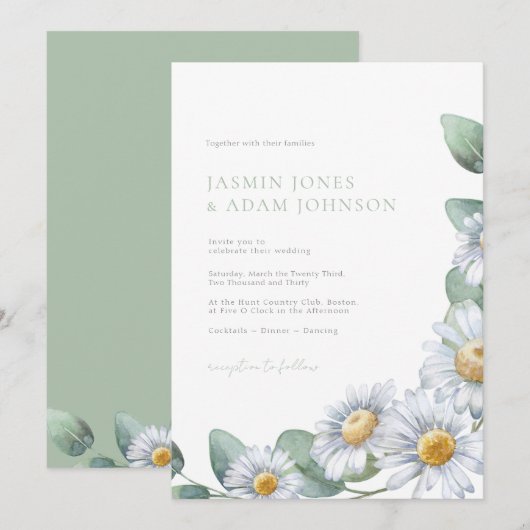 Elegante Daisy-Eukalyptus-Monogramm-Hochzeit Einladung (Vorne/Hinten)