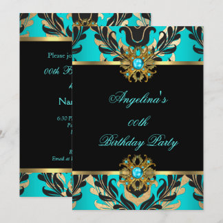 Elegante Damask Aquamarin Blue Gold Black Birthday Einladung