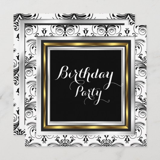 Elegante Damask Birthday Party Gold Schwarz-weiß Einladung (Vorne/Hinten)
