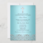 Elegante Damask & Cross Aquamarine Taufe/Christeni Einladung (Vorderseite)