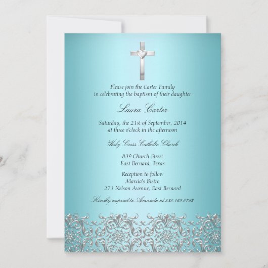Elegante Damask & Cross Aquamarine Taufe/Christeni Einladung (Vorderseite)