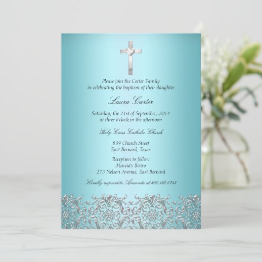 Elegante Damask & Cross Aquamarine Taufe/Christeni Einladung (Stehend Vorderseite)