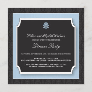 Elegante Damask Dinner Party Einladung (blau)