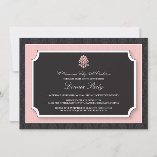Elegante Damask Dinner Party Einladung (pink) (Vorderseite)