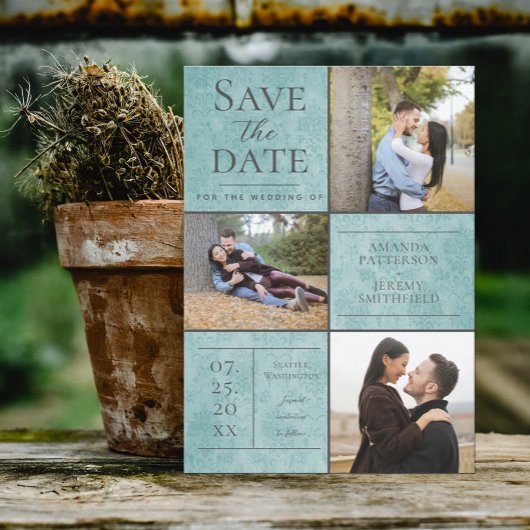 Elegante Damask Drei Fotosammlungen | Aquamarin Save The Date