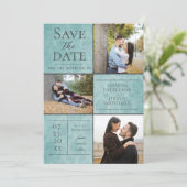 Elegante Damask Drei Fotosammlungen | Aquamarin Save The Date (Stehend Vorderseite)