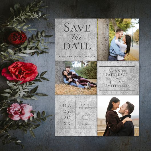Elegante Damask Drei Fotosammlungen | Grau Save The Date