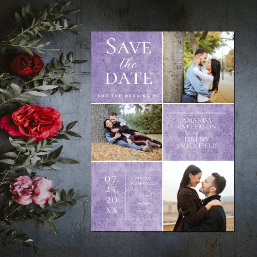 Elegante Damask Drei Fotosammlungen | Lila Save The Date