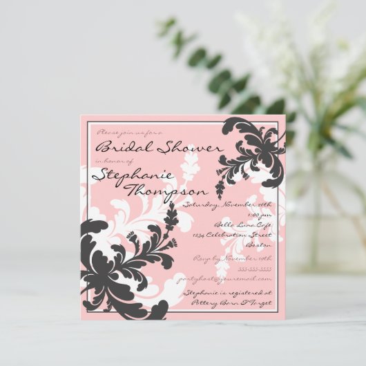 Elegante Damask Floral Bridal Dusche Einladung (Stehend Vorderseite)