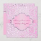 Elegante Damask Floral Swirl Pink Babydusche Einladung (Vorne/Hinten)