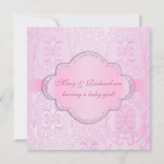 Elegante Damask Floral Swirl Pink Babydusche Einladung (Vorderseite)