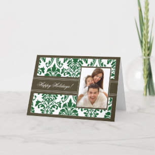 Elegante Damask Happy Holidays Card (braun/grün) Feiertagskarte
