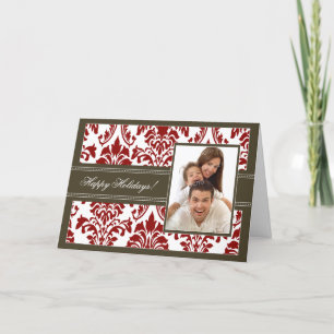 Elegante Damask Happy Holidays Card (braun/rot) Feiertagskarte