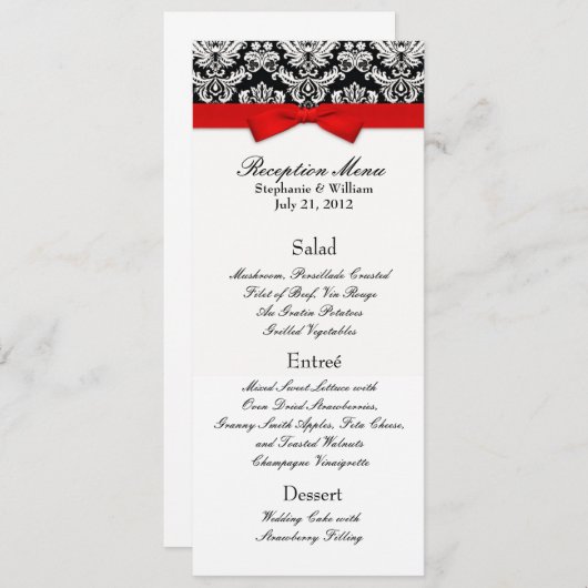 Elegante Damask mit Red Bow Empfang Menu Menükarte (Vorne/Hinten)