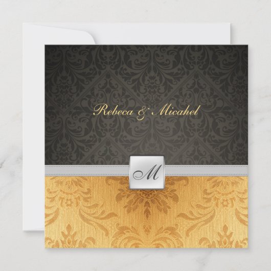 Elegante Damask Monogram Black and Gold Hochzeit Einladung (Vorderseite)