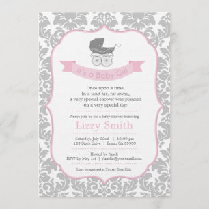 Elegante Damask & Pram Babydusche Einladung
