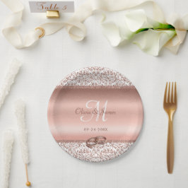 Elegante Damask Rose Gold Monogram Wedding Pappteller