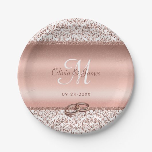 Elegante Damask Rose Gold Monogram Wedding Pappteller (Vorderseite)