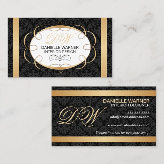 Elegante Damask- und Gold-Initialen Visitenkarte (Vorne/Hinten)